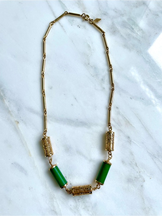 Sarah Coventry Jewelry - Sarah Coventry Gold-Tone Necklace with Green Cylinder Beads